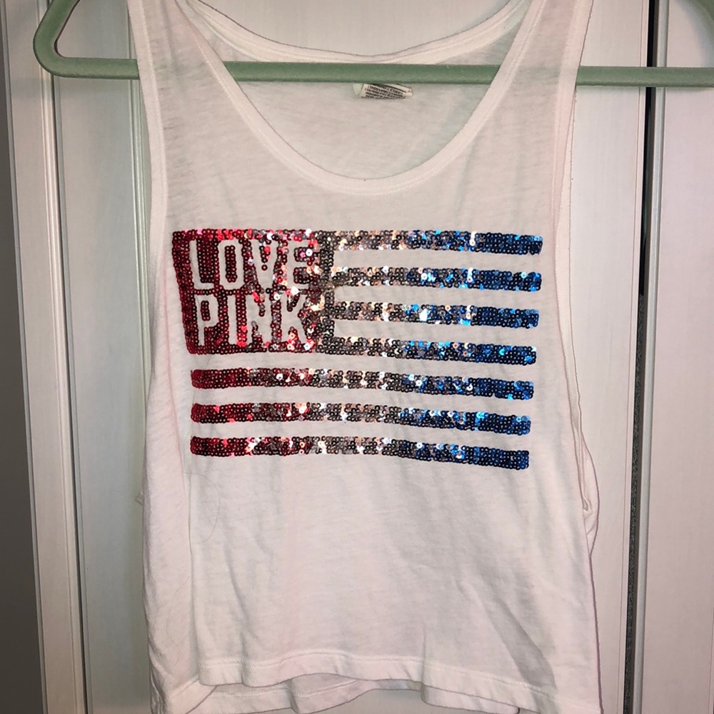 LOVE PINK sequin flag crop top